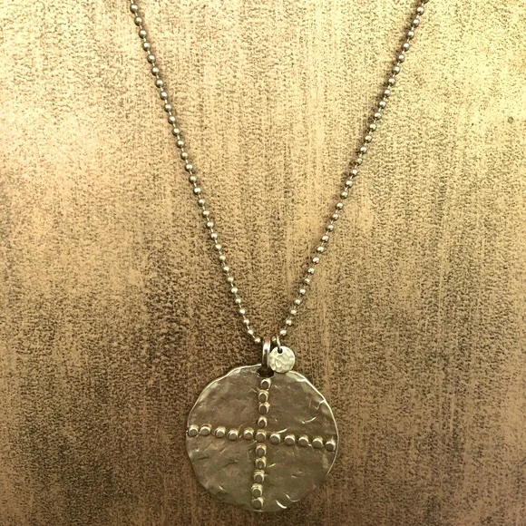 Gold ball chain necklace and 1-3/4” disk w/dotted cross & tiny charm by Chico’s - Picture 4 of 10